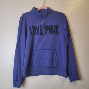 VS PINK Womens Sz M 1/4 Zip Mock Neck Sweater Blue Love Pink Spell Out Distress